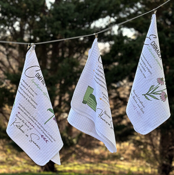 Decorated waffle weave towels from Herb & Vine Healing Plants. Medicinal plants in Jasper, GA.